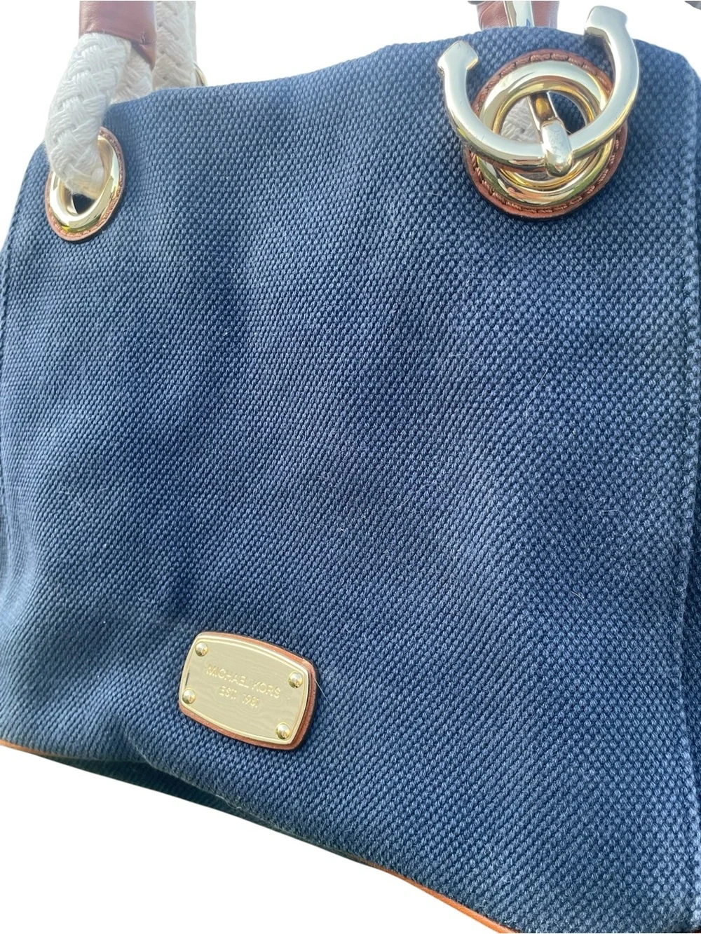 Michael Kors Navy Blue Nautical Handbag, Rope Strap, Gold Hardware, EUC